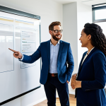 A diverse team of professional colleagues in modest business casual attire, actively collaborating around a large interactive whiteboard in a brightly lit, modern open-plan office. They are engaged in a discussion, pointing at diagrams illustrating clear job roles and streamlined workflows, symbolizing organizational clarity and efficiency. fully clothed, appropriate attire, safe for work, professional, perfect anatomy, correct proportions, natural pose, well-formed hands, proper finger count, natural body proportions, professional photography, high quality, appropriate content, family-friendly.