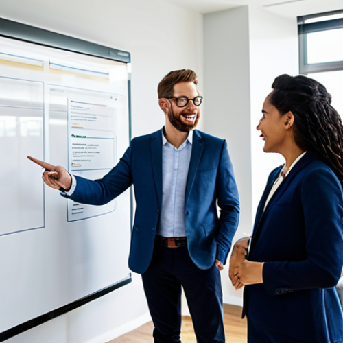 A diverse team of professional colleagues in modest business casual attire, actively collaborating around a large interactive whiteboard in a brightly lit, modern open-plan office. They are engaged in a discussion, pointing at diagrams illustrating clear job roles and streamlined workflows, symbolizing organizational clarity and efficiency. fully clothed, appropriate attire, safe for work, professional, perfect anatomy, correct proportions, natural pose, well-formed hands, proper finger count, natural body proportions, professional photography, high quality, appropriate content, family-friendly.