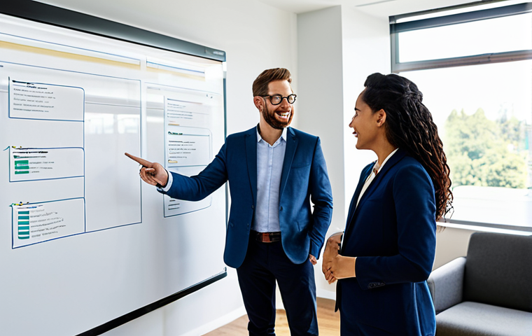 A diverse team of professional colleagues in modest business casual attire, actively collaborating around a large interactive whiteboard in a brightly lit, modern open-plan office. They are engaged in a discussion, pointing at diagrams illustrating clear job roles and streamlined workflows, symbolizing organizational clarity and efficiency. fully clothed, appropriate attire, safe for work, professional, perfect anatomy, correct proportions, natural pose, well-formed hands, proper finger count, natural body proportions, professional photography, high quality, appropriate content, family-friendly.