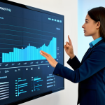 A professional woman in a modest business suit, engaging with a sleek interactive display in a minimalist smart office. The display shows personalized data visualizations. The environment is futuristic and clean with soft ambient lighting. fully clothed, appropriate attire, safe for work, perfect anatomy, correct proportions, natural pose, well-formed hands, proper finger count, natural body proportions, professional photography, high quality, appropriate content, professional dress.