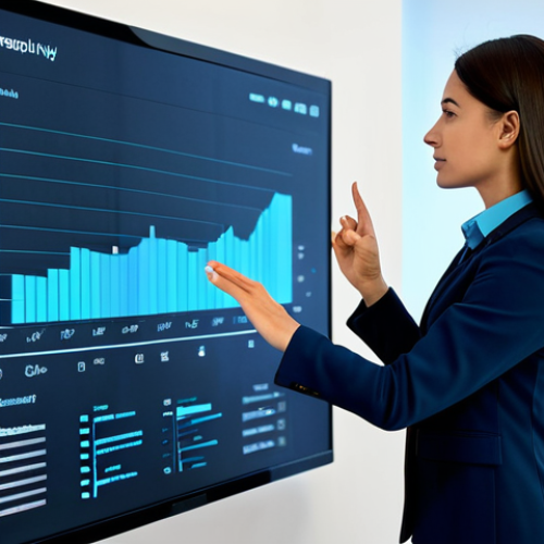 A professional woman in a modest business suit, engaging with a sleek interactive display in a minimalist smart office. The display shows personalized data visualizations. The environment is futuristic and clean with soft ambient lighting. fully clothed, appropriate attire, safe for work, perfect anatomy, correct proportions, natural pose, well-formed hands, proper finger count, natural body proportions, professional photography, high quality, appropriate content, professional dress.