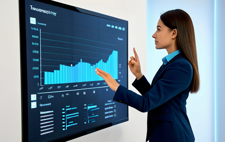 A professional woman in a modest business suit, engaging with a sleek interactive display in a minimalist smart office. The display shows personalized data visualizations. The environment is futuristic and clean with soft ambient lighting. fully clothed, appropriate attire, safe for work, perfect anatomy, correct proportions, natural pose, well-formed hands, proper finger count, natural body proportions, professional photography, high quality, appropriate content, professional dress.