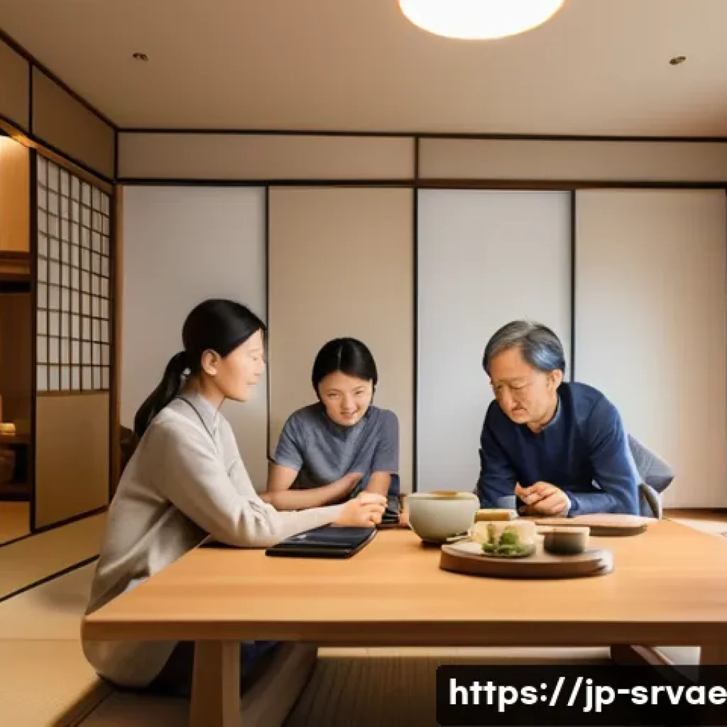 서비스 디자인에서의 문제 해결 기법 - A modern Japanese living room scene depicting an ethnographic research setting: a diverse group of r...
