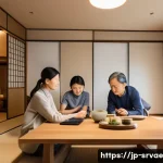 서비스 디자인에서의 문제 해결 기법 - A modern Japanese living room scene depicting an ethnographic research setting: a diverse group of r...