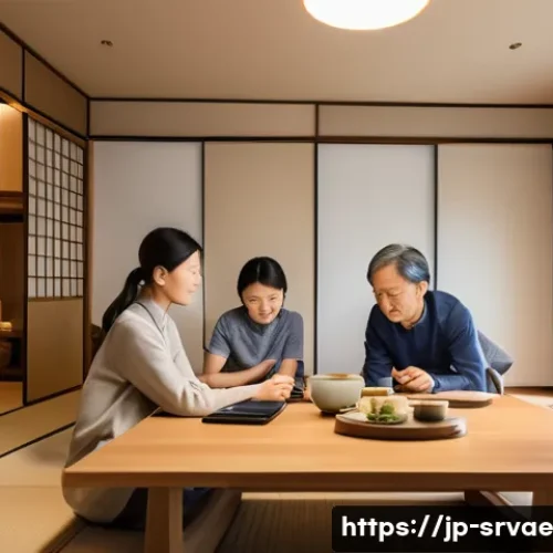 서비스 디자인에서의 문제 해결 기법 - A modern Japanese living room scene depicting an ethnographic research setting: a diverse group of r...