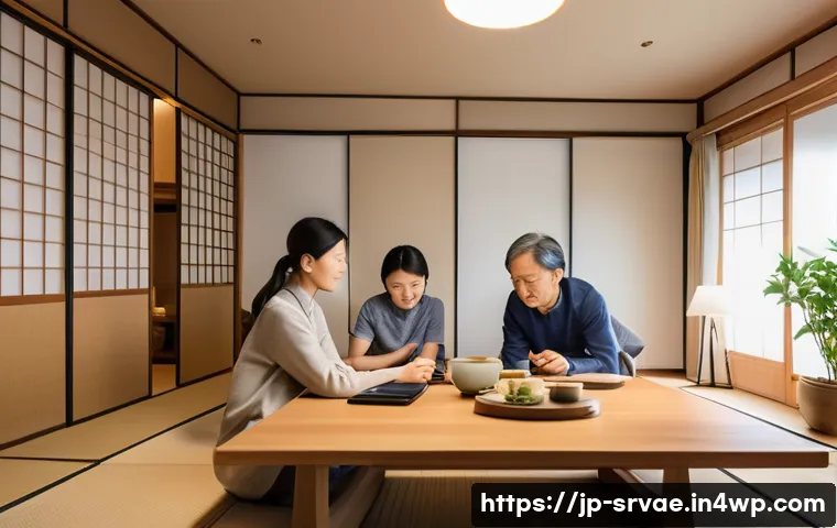 서비스 디자인에서의 문제 해결 기법 - A modern Japanese living room scene depicting an ethnographic research setting: a diverse group of r...