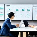 사용자 중심 서비스 디자인 접근법 - A modern Japanese office scene showing a diverse cross-functional team—designers, engineers, markete...